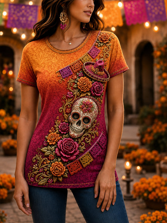 Camiseta de manga corta para mujer con diseño del Día de los Muertos de México