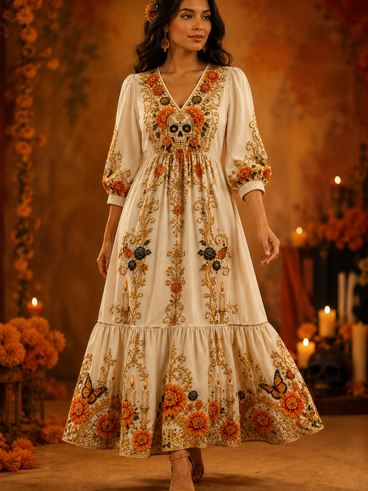 Vestido de lino de algodón casual retro día de los muertos de las mujeres