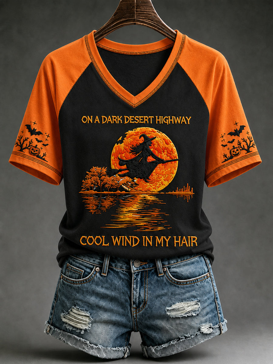 Camiseta de manga corta con cuello en V de murciélago de calabaza bruja de Halloween para mujer