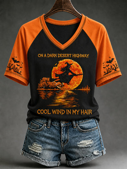 Camiseta de manga corta con cuello en V de murciélago de calabaza bruja de Halloween para mujer