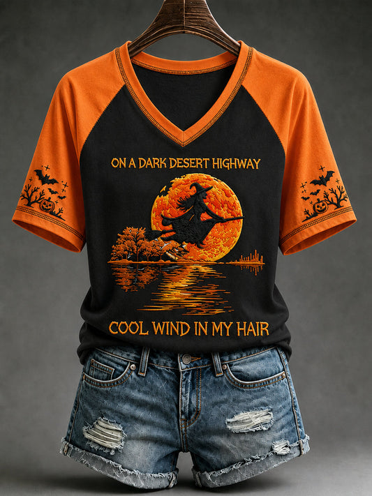 Camiseta de manga corta con cuello en V de murciélago de calabaza bruja de Halloween para mujer