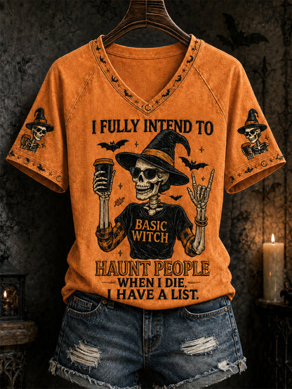 Camiseta informal con cuello en V y estampado divertido de calavera y bruja para mujer