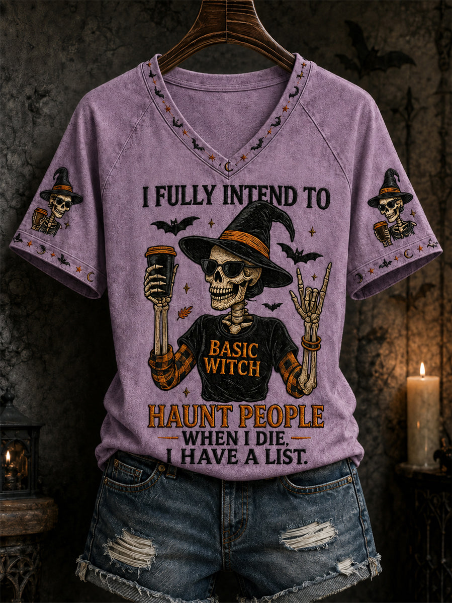 Camiseta informal con cuello en V y estampado divertido de calavera y bruja para mujer