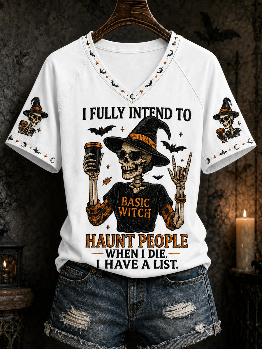 Camiseta informal con cuello en V y estampado divertido de calavera y bruja para mujer
