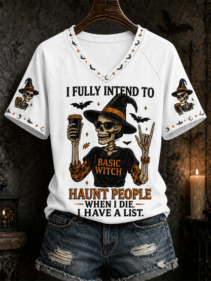 Camiseta informal con cuello en V y estampado divertido de calavera y bruja para mujer