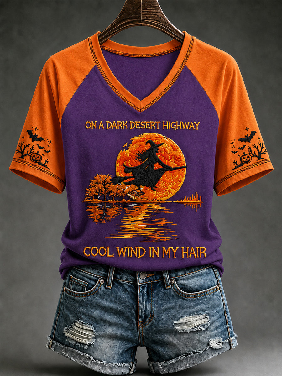 Camiseta de manga corta con cuello en V de murciélago de calabaza bruja de Halloween para mujer