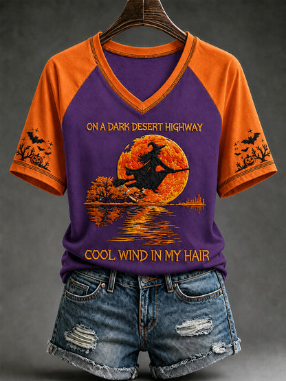 Camiseta de manga corta con cuello en V de murciélago de calabaza bruja de Halloween para mujer