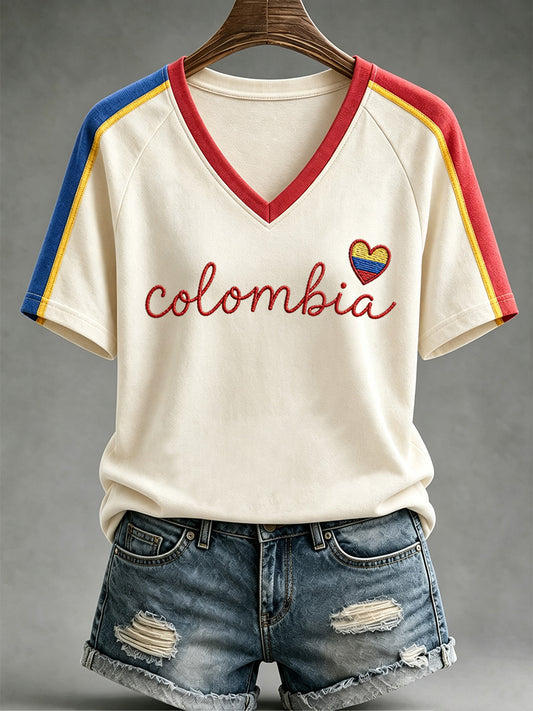 Camiseta de mujer Colombia Strong Print Casual con cuello en V