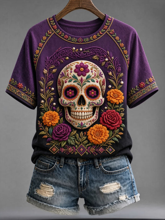 Camiseta casual de manga corta con estampado de calavera del Día de Muertos para mujer