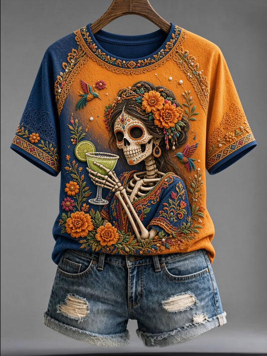 Camiseta casual de manga corta con estampado de calavera del Día de Muertos para mujer