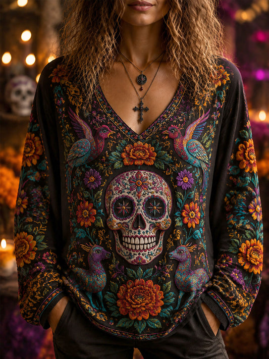Camiseta larga casual con estampado de cráneo de día de los muertos para mujer