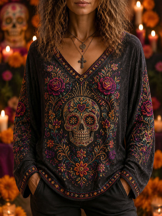 Camiseta larga casual con estampado de calavera del Día de Muertos para mujer
