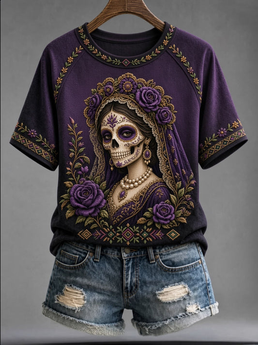 Camiseta casual de manga corta con estampado de cráneo de día de los muertos para mujer