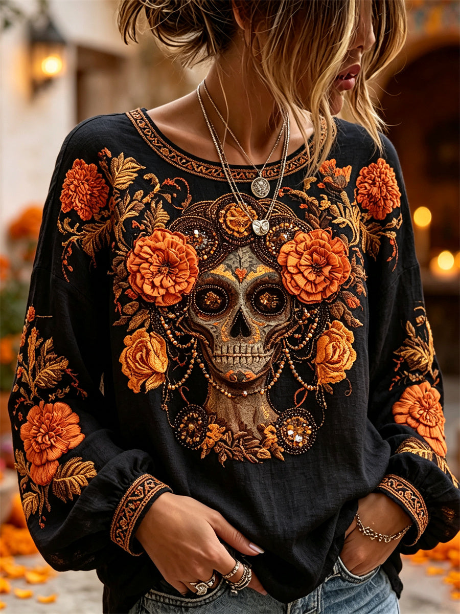 Camisa de algodón-lino con estampado floral de calaveras de azúcar y flor de muerto para el Día de la Mujer