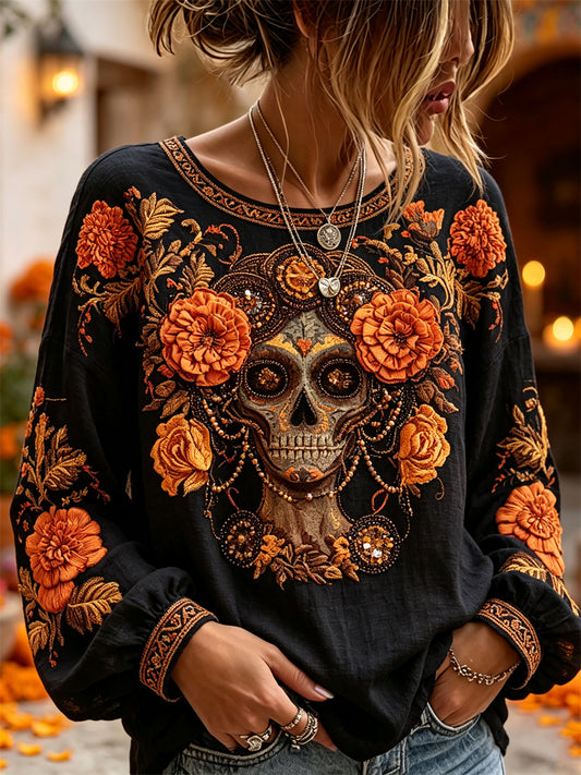 Camisa de algodón-lino con estampado floral de calaveras de azúcar y flor de muerto para el Día de la Mujer