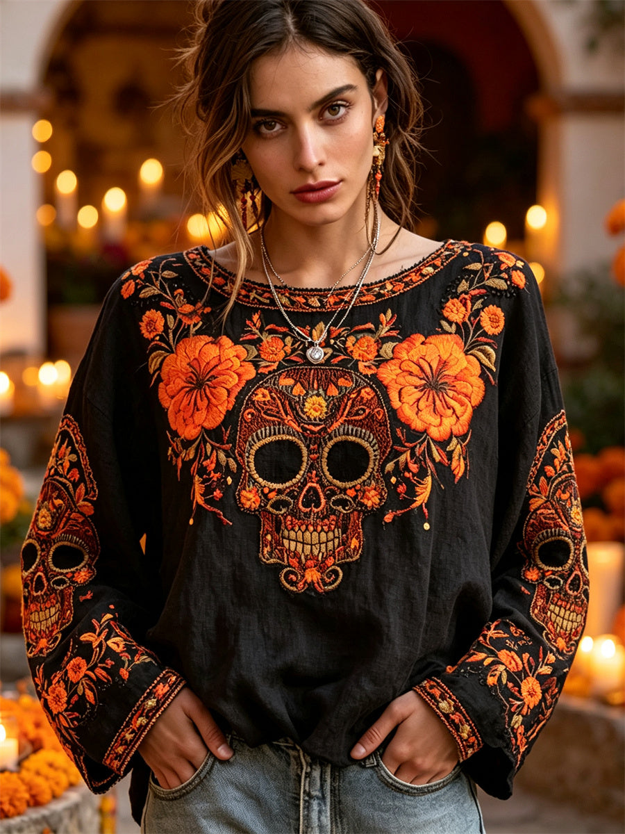 Camisa de lino de algodón con estampado floral de caléndulas de azúcar del día de los muertos para mujer
