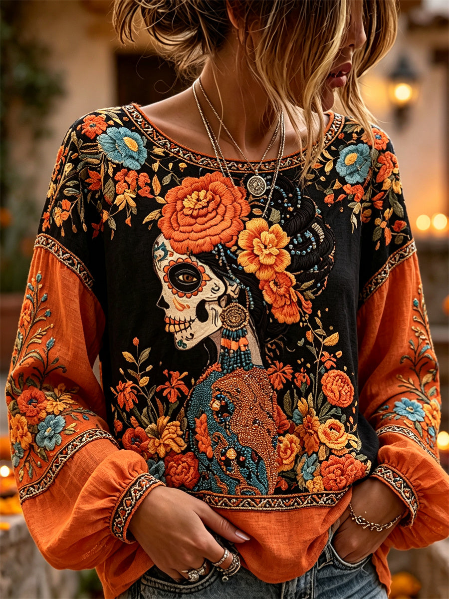 Camisa de algodón-lino con estampado floral de calaveras de azúcar y flor de muerto para el Día de la Mujer