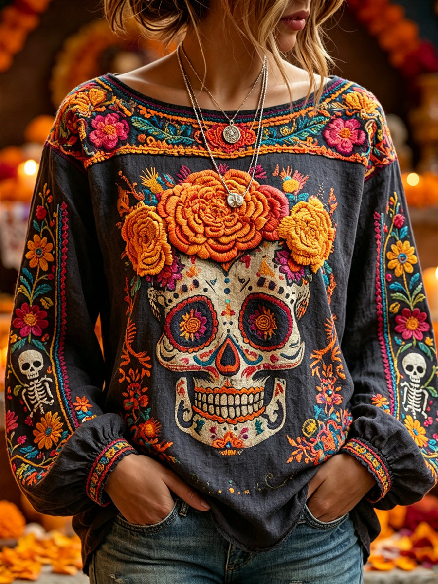 Camisa de algodón-lino con estampado floral de calaveras de azúcar y flor de muerto para el Día de la Mujer