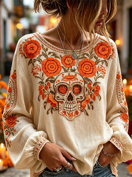 Camisa de algodón-lino con estampado floral de calaveras de azúcar y flor de muerto para el Día de la Mujer