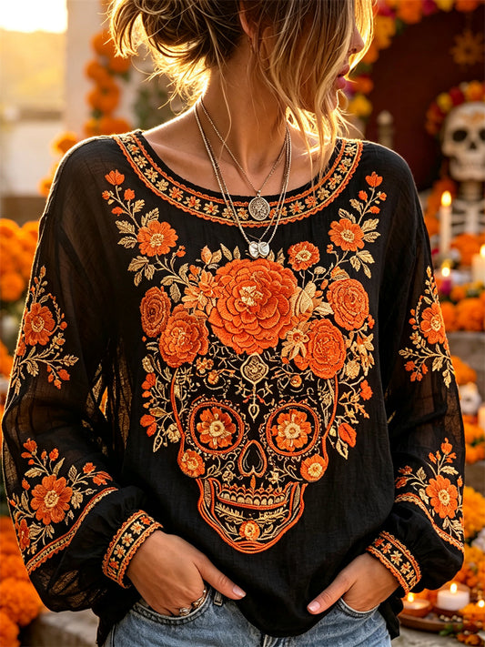 Camisa de algodón-lino con estampado floral de calaveras de azúcar y flor de muerto para el Día de la Mujer