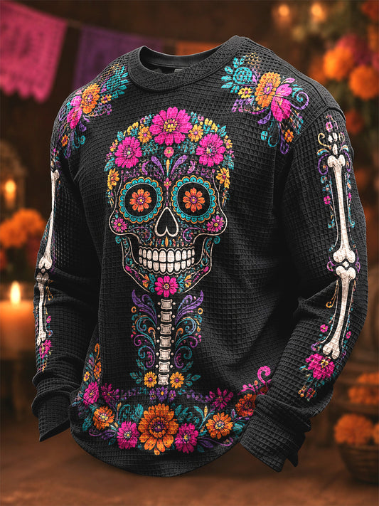 Hombres día de los muertos cráneo impresión casual Waffle manga larga Top