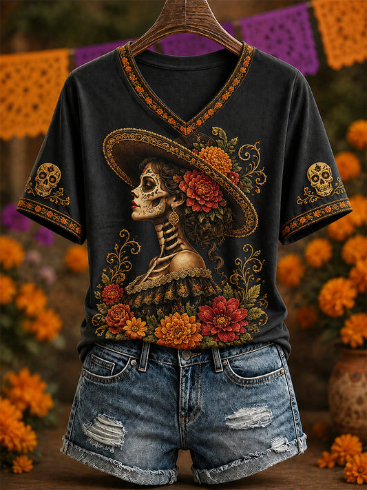 Camiseta casual con cuello en V y estampado artístico del Día de los Muertos de México para mujer