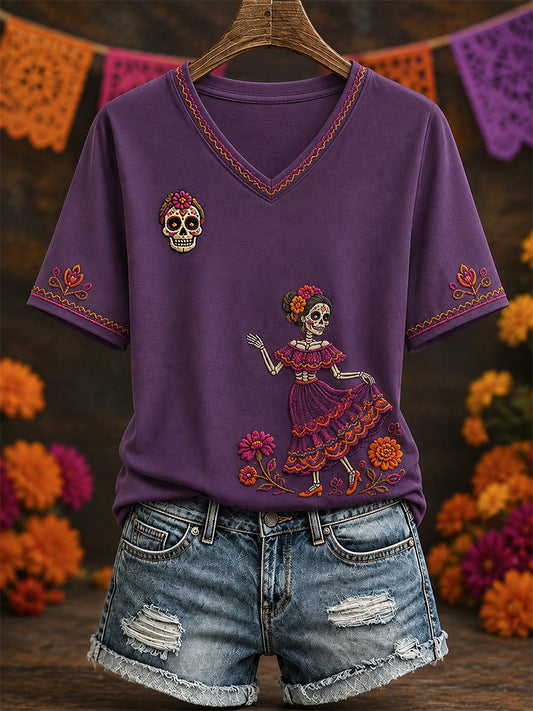 Camiseta casual con cuello en V y estampado artístico del Día de los Muertos de México para mujer