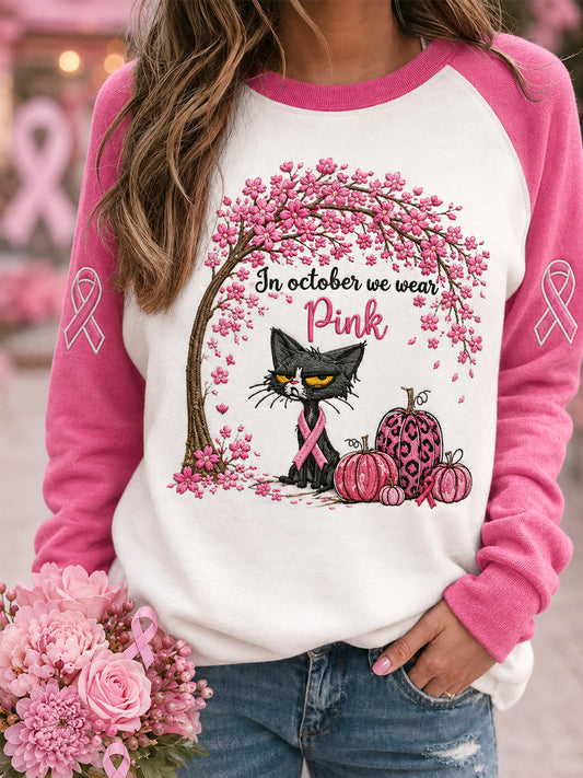 Mujeres en octubre que usan Rosa gato impresión mama cáncer conciencia apoyo sudadera