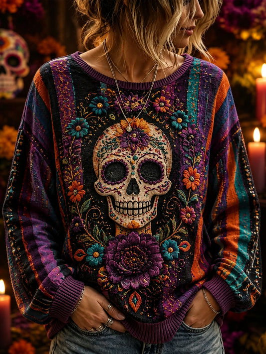 Sudadera casual con estampado de calavera de azúcar del Día de Muertos para mujer