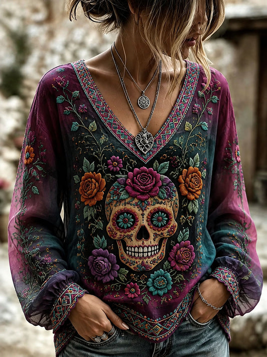 Top de manga larga estampado con esqueleto de azúcar del Día de Muertos para mujer