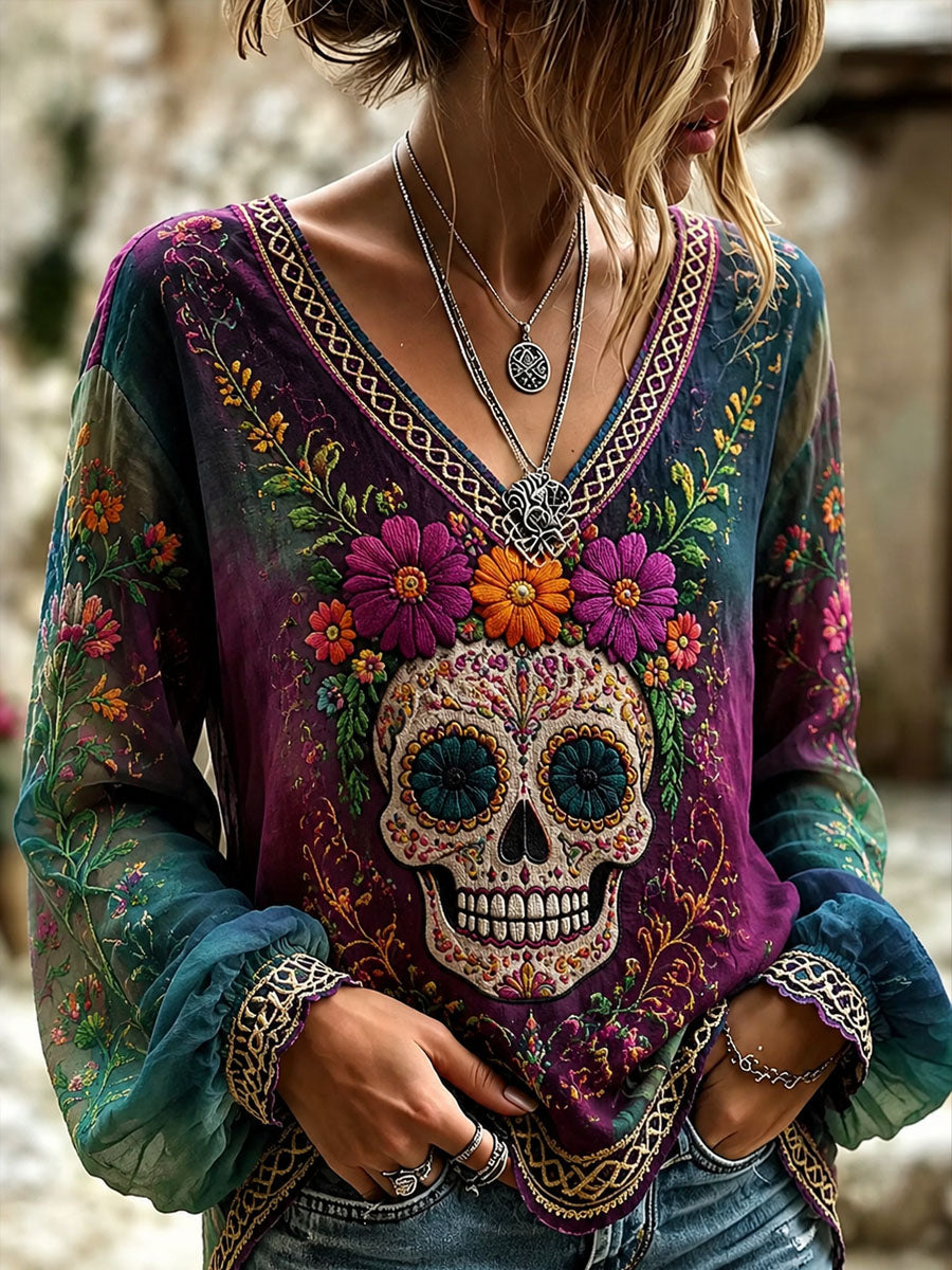 Top de manga larga estampado de esqueleto de azúcar del día de los muertos para mujer