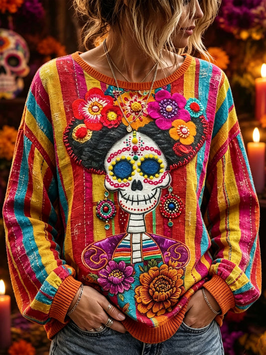 Sudadera casual con estampado de cráneo de azúcar muerto para mujer