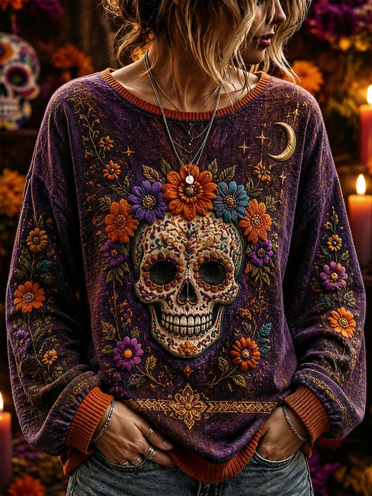Sudadera casual con estampado de calavera de azúcar del Día de Muertos para mujer