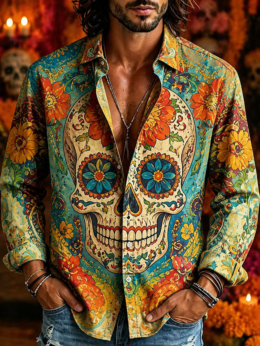 Camisa casual con estampado de calavera del Día de los Muertos para hombre