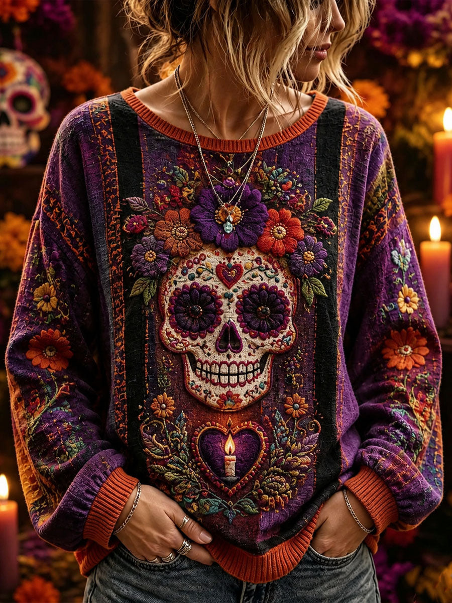 Sudadera casual con estampado de calavera de azúcar del Día de Muertos para mujer