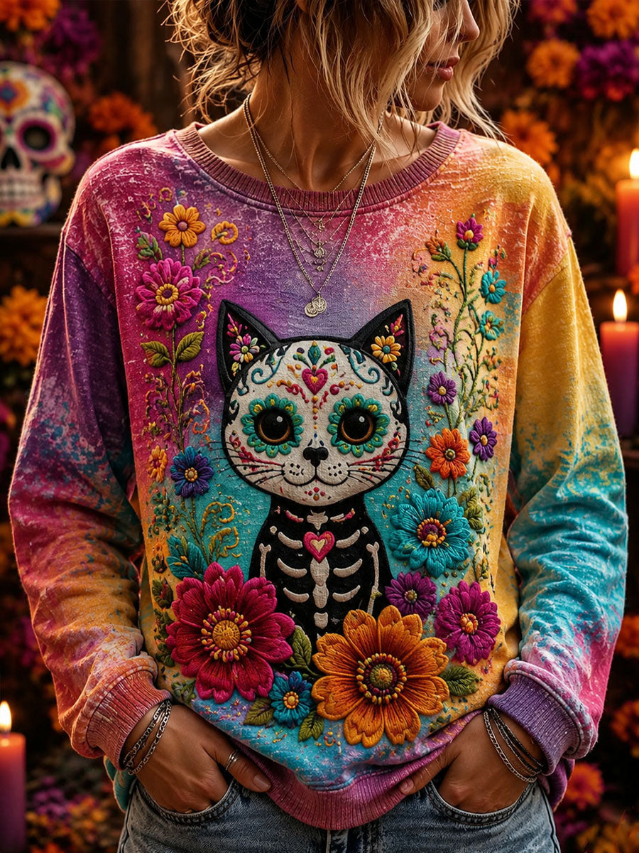 Sudadera casual con estampado de calavera de azúcar del Día de Muertos para mujer