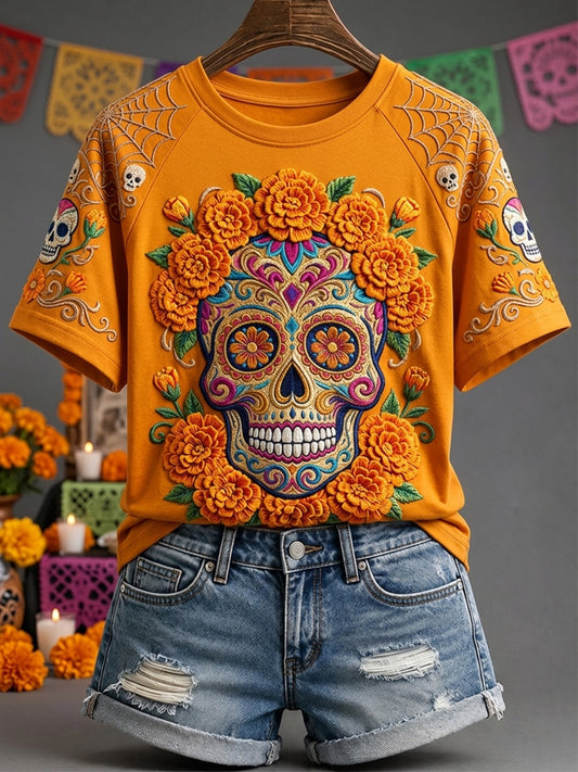 Camiseta de manga corta con estampado floral mexicano de calavera de azúcar del Día de Muertos para mujer