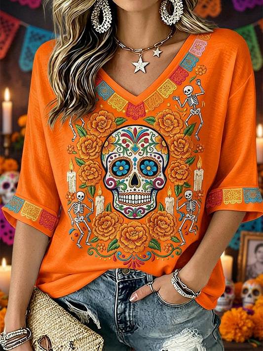 Día de las mujeres del cráneo muerto del azúcar mexicano Floral PrintMid-longitud mangas V-cuello camiseta