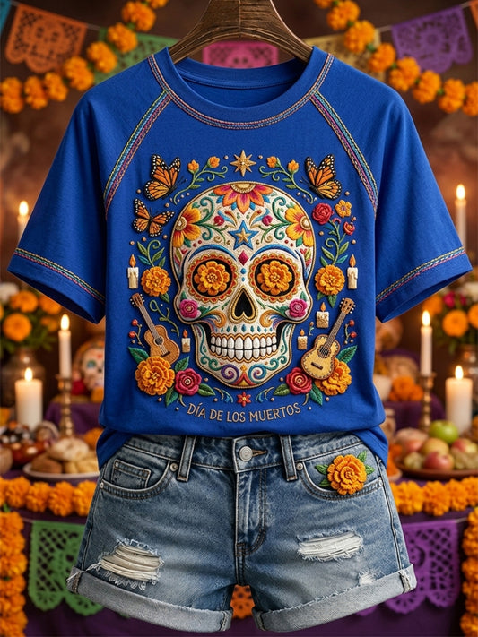 Camiseta mexicana de manga corta con estampado floral del día de los muertos Sugar Skull para mujer