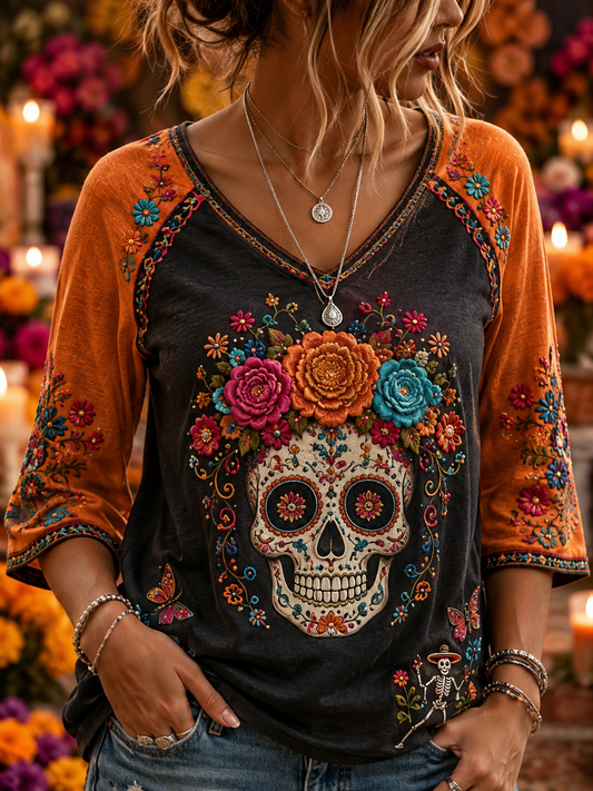 Camiseta de lino de manga corta con diseño del Día de la Muerte para mujer