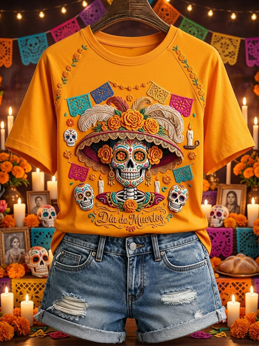 La Catrina Skull Mexican Floral Print Camiseta de manga corta para mujer