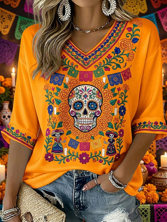 Día de las mujeres de los muertos azúcar cráneo mexicano estampado floral de mediados de longitud mangas camiseta con cuello en V