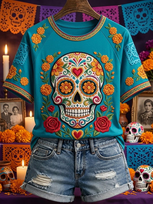 Camiseta de manga corta con estampado floral mexicano de calavera de azúcar del Día de Muertos para mujer