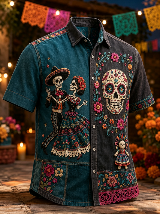 Camiseta de manga corta con estampado artístico del Día de los Muertos para hombre