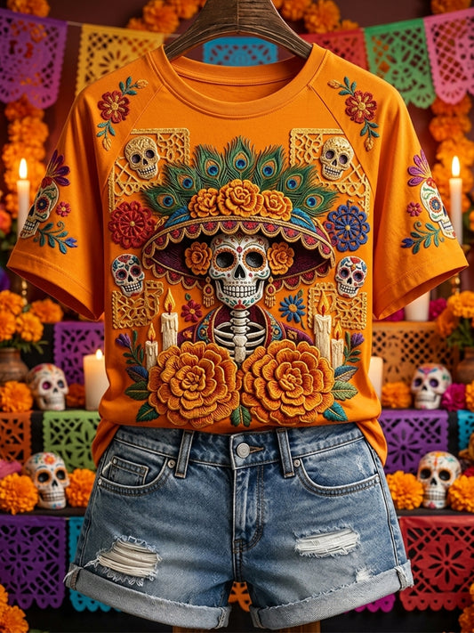 Camiseta de manga corta con estampado floral mexicano de calavera La Catrina para el Día de Muertos de mujer
