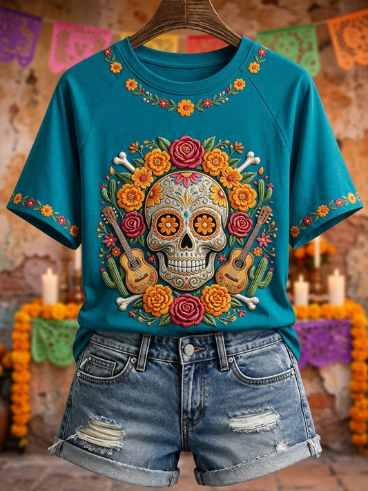 Camiseta de manga corta con estampado floral mexicano de calavera de azúcar del Día de Muertos para mujer