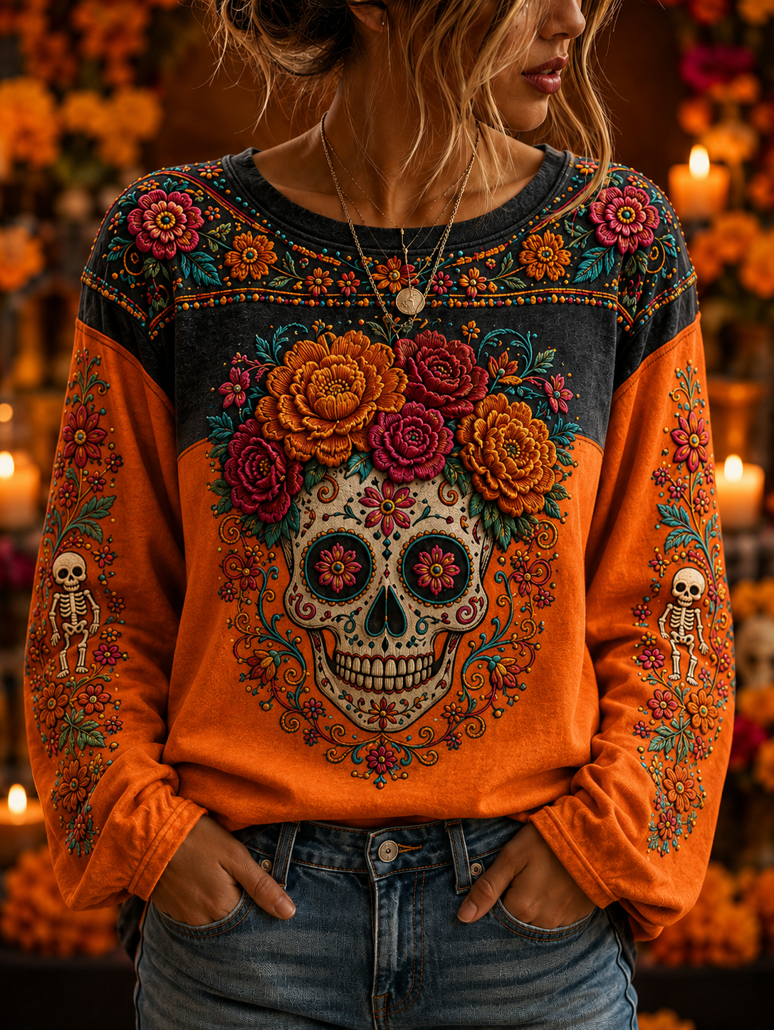 Camiseta de manga larga y cuello redondo para el Día de Muertos, diseño femenino