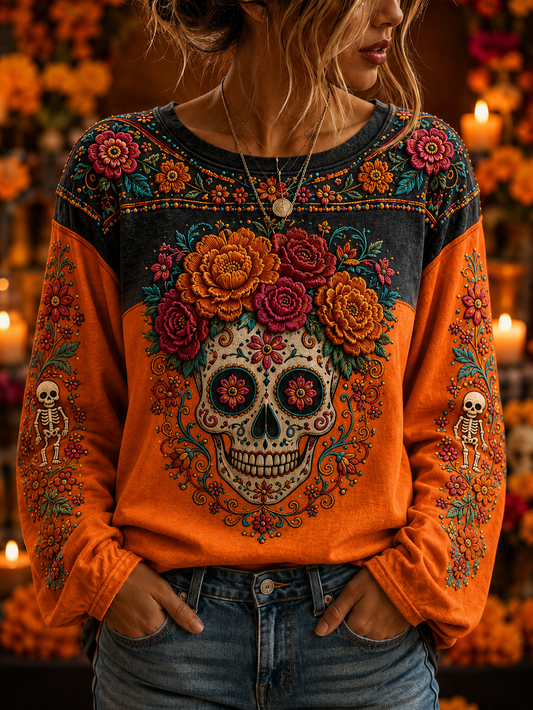 Camiseta de manga larga y cuello redondo para el Día de Muertos, diseño femenino