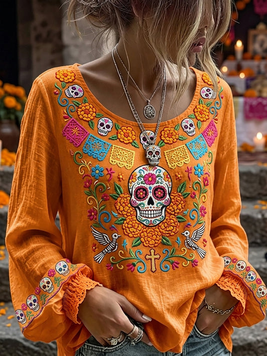 Camisa de algodón-lino con estampado floral mexicano de calavera de azúcar del Día de Muertos para mujer