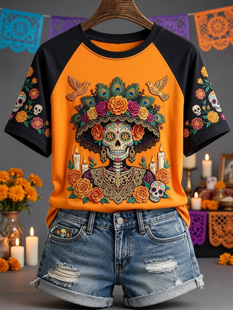 Camiseta de manga corta con estampado floral mexicano de calavera La Catrina para el Día de Muertos de mujer